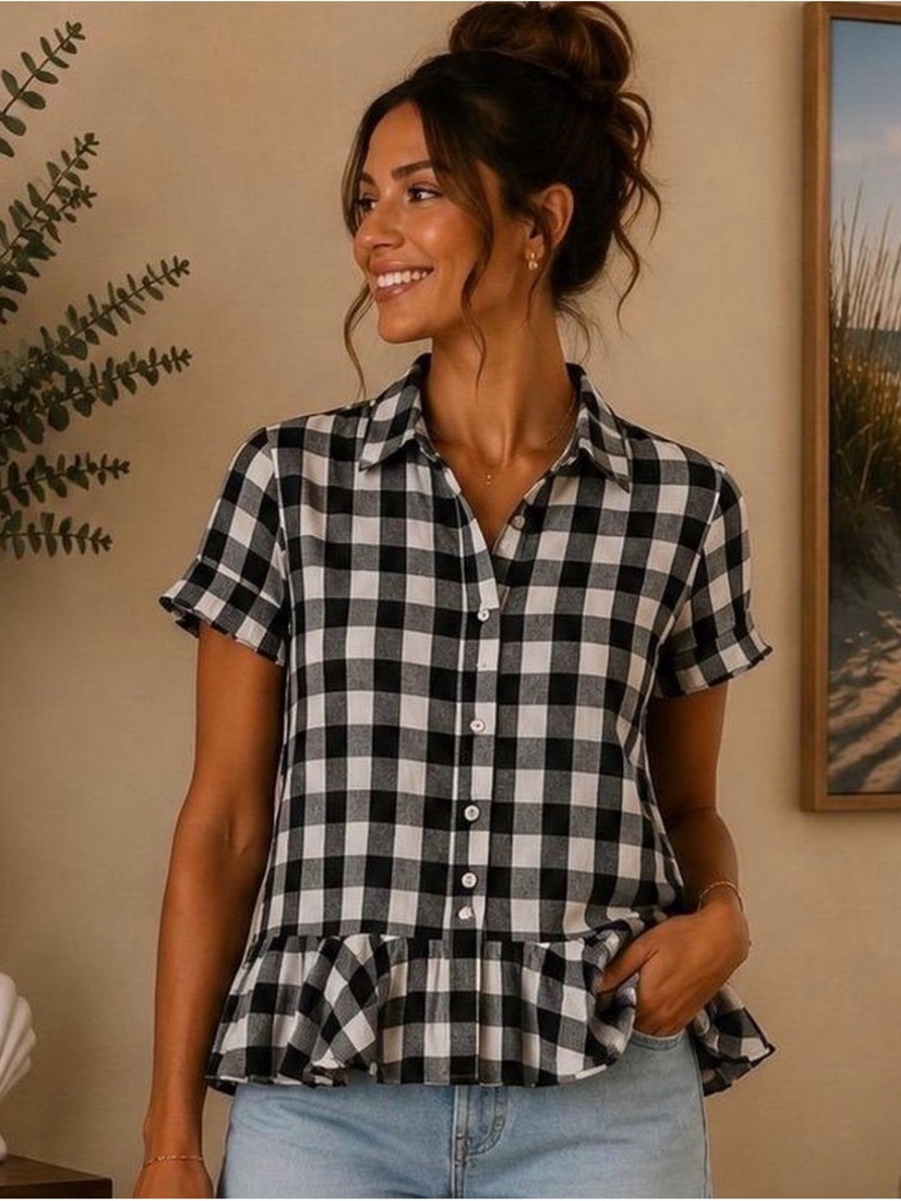 Madewell XS Peplum Top Black & White Gingham Checkered Ruffled Hem